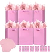 qiqee 24pcs Pink Gift Bags with Tissue Paper for Wedding, Birthday, Party Supplies-7.9"x4.3"x9.6"...