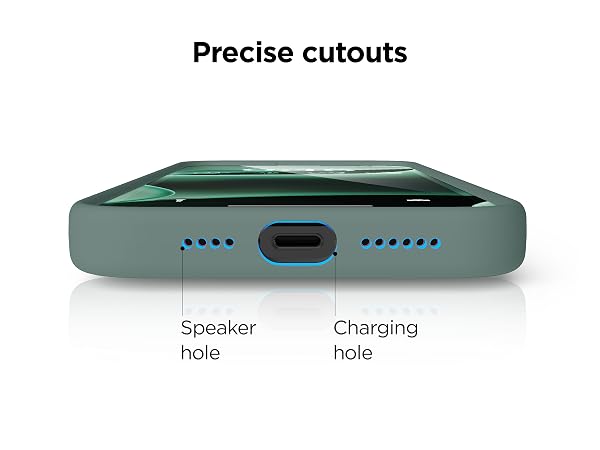 Close-up of a green smartphone case bottom edge, showing speaker holes and USB-C charging port. Labeled diagram indicating 'Speaker hole' and 'Charging hole'.