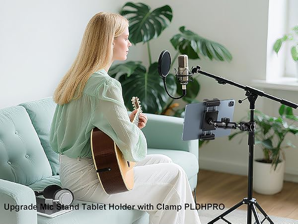 PLDHPRO Tablet Holder for Mic Stand, 360° Swivel iPad Music Stand Mount for Microphone with Clamp