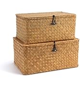 Nonam Storage Basket with Lid, Natural Seagrass Bin with Lid Set of 2, Shelf Baskets Multipurpose...