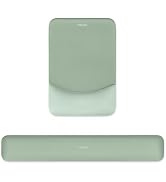 Two mint green ergonomic desk accessories: a curved wrist rest pad and a longer keyboard wrist rest in matching color and material.