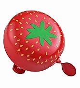 Strawberry-shaped bicycle bell. Red dome with yellow seed-like dots and green leaf. Attached metal ringer visible underneath.