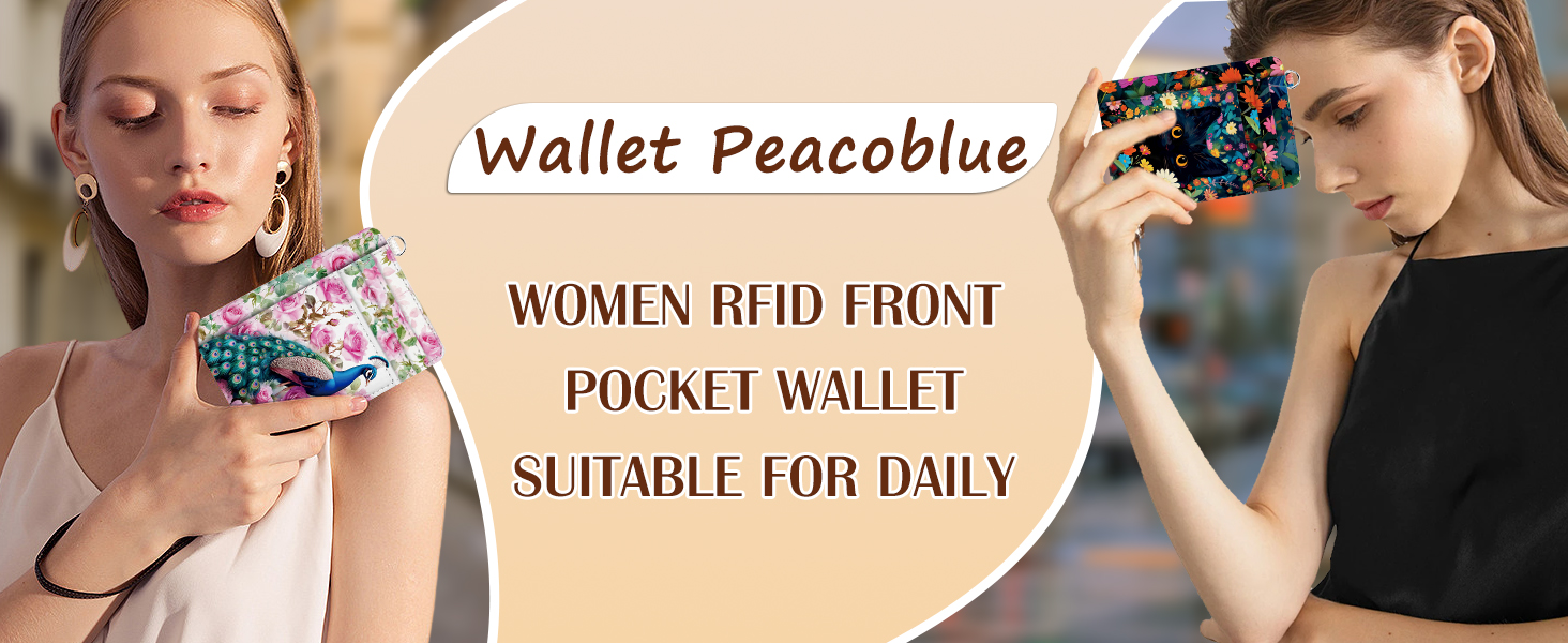 Colorful floral patterned wallet with RFID protection. Two women shown holding the compact wallet, suitable for daily use. Text describes it as a front pocket wallet for women.