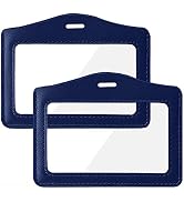 Larpur Pack of 2 ID Badge Holders, Horizontal Leather Card Case with Clear ID Window, Blue - Doub...
