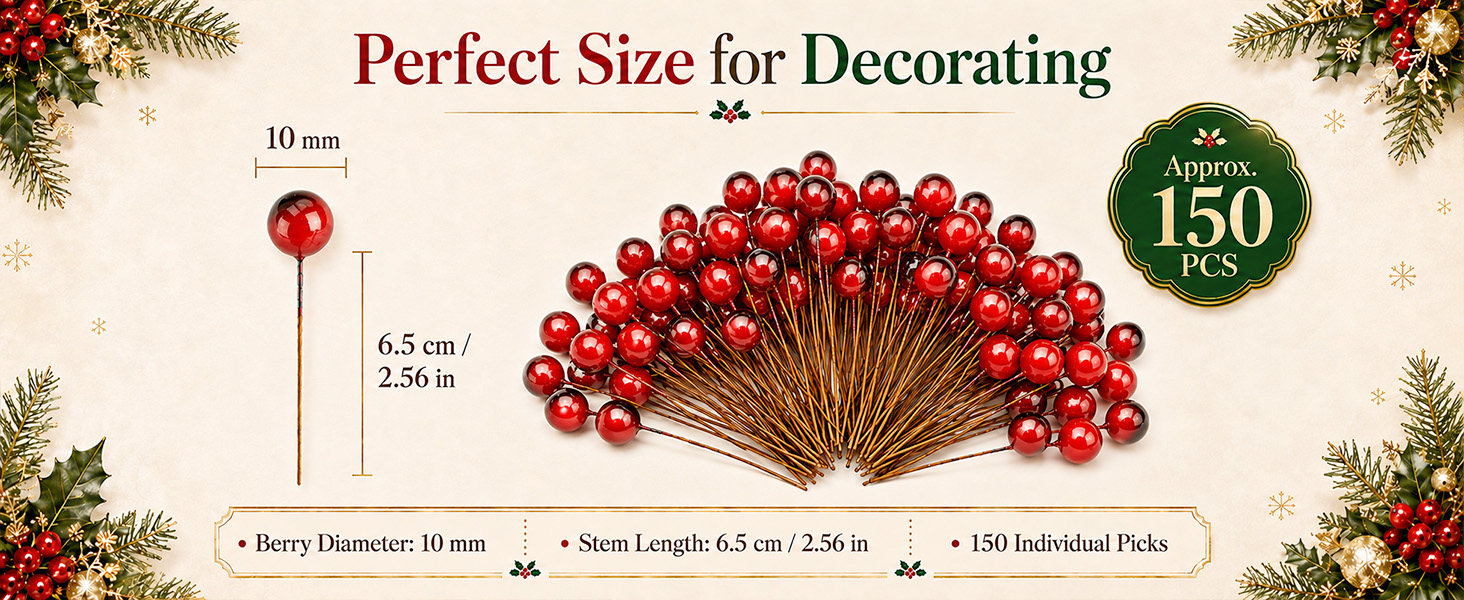 150 Pcs Holly Berry Stems for Christmas