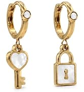 Leporem Padlock & Key Drop Earrings for Women, 18K Gold Plated 316L Stainless Steel Huggie Hoop E...