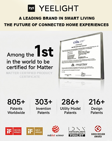 Text reads: 'YEELIGHT', 'A LEADING BRAND IN SMART LIVING', 'THE FUTURE OF CONNECTED HOME EXPERIENCES', 'Among the 1st in the world to be certified for Matter', '805+ Awards Worldwide', '303+ Patents', '286+ Patents', '216+ Patents'. Smart device product with certification badge and award statistics displayed.