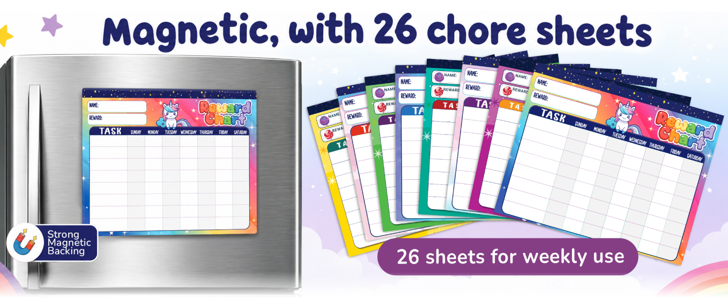 Magnetic reward chart pad with 26 reusable chore sheets for weekly tracking