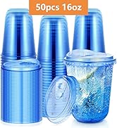 KesaPlan 50 Pack 16 oz Blue Plastic Cups with Sip Lids, Disposable Strawless Wine Glasses for Ice...