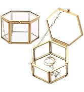 AMGSH 2 Pack Small Golden Vintage Glass Keepsake Box | 3.1 x 2.5 x 1.7 Inch Compact Jewelry Lidde...