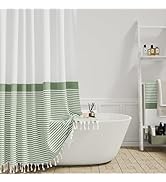 Dynamene Sage Green Fabric Shower Curtain, Farmhouse Boho Striped Tassel Shower Curtain for Bathr...