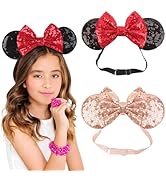 DRESHOW Minnie Ears Headbands Mouse Ears Sequin Bow Headbands Elastic Adjustable Headband Glitter...