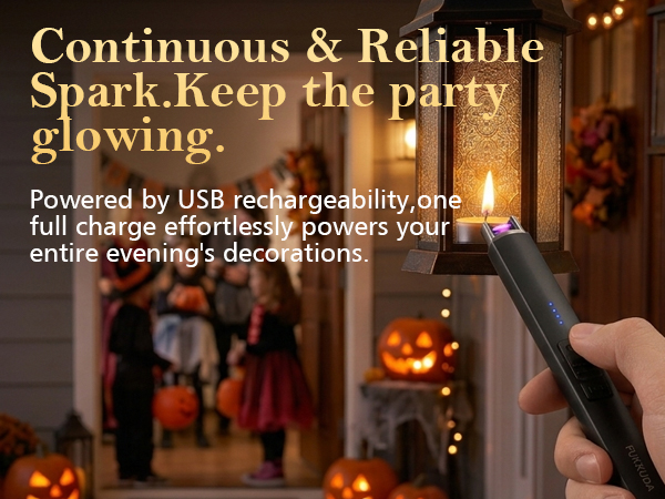 FUKKUDA rechargeable arc lighter igniting a small candle inside a hanging Halloween Lamp