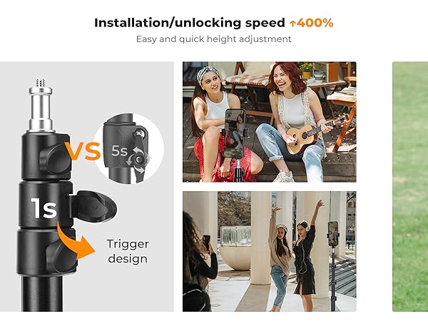 Comparison of quick-release light stand components: 1s trigger design vs 5s traditional. Product features easy height adjustment. Usage demonstrated in outdoor and indoor photography scenarios.