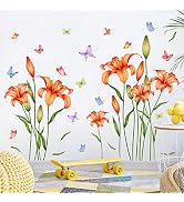 Amaonm Removable DIY Orange Lily Flower wall Sticker Peel and Stick Floral Butterfly Leaf Plant V...