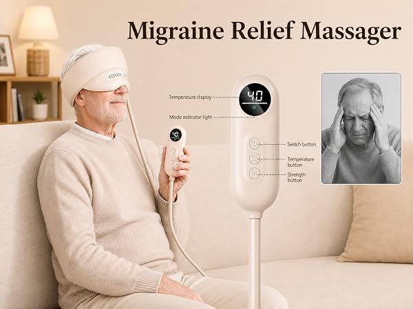 Migraine relief head massager with heat and air pressure for scalp and eye relaxation