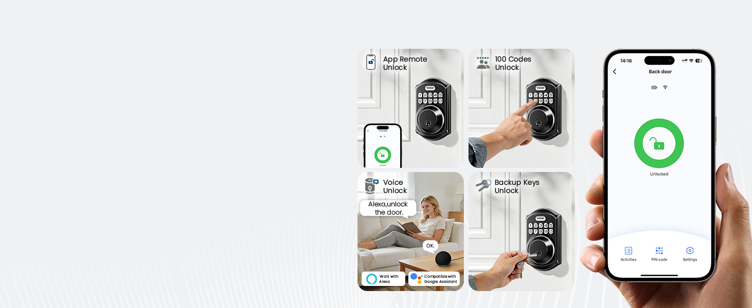 Supports 4 ways unlock, including APP remote unlock, password unlock, key unlock, and voice unlock