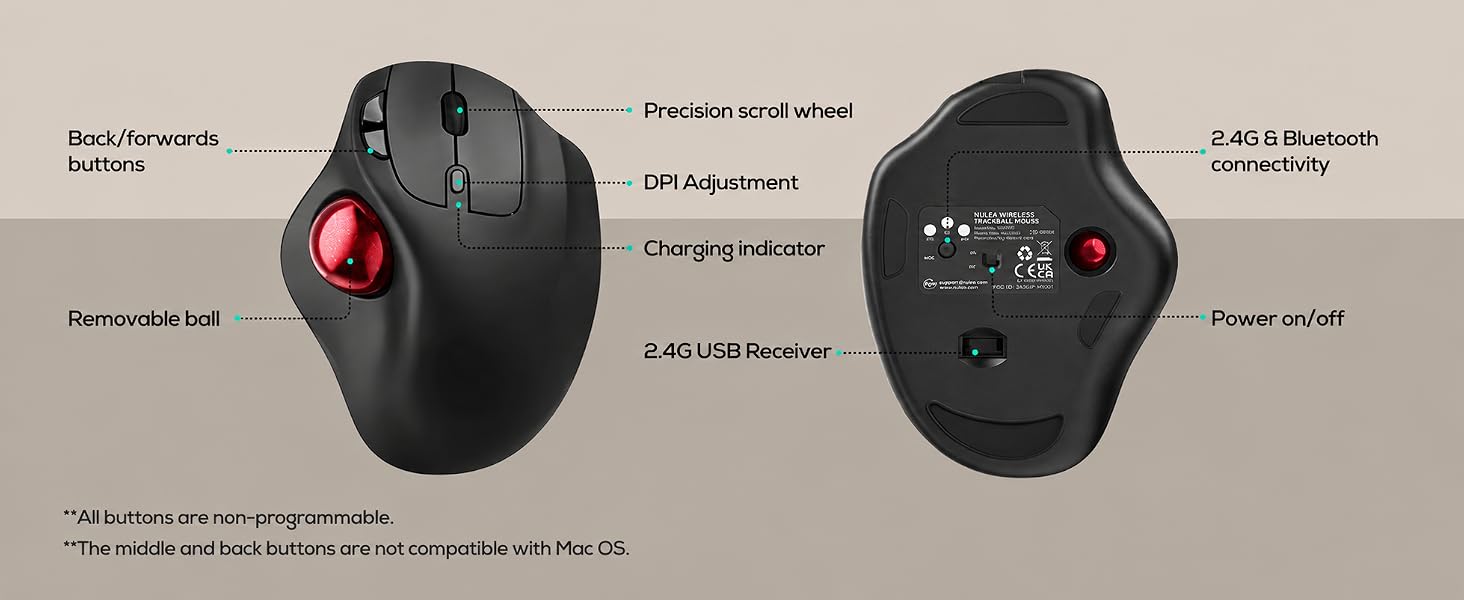 Nulea M511 Wireless Trackball Mouse, Rechargeable Ergonomic Thumb-Control Mouse with Tilt Stand