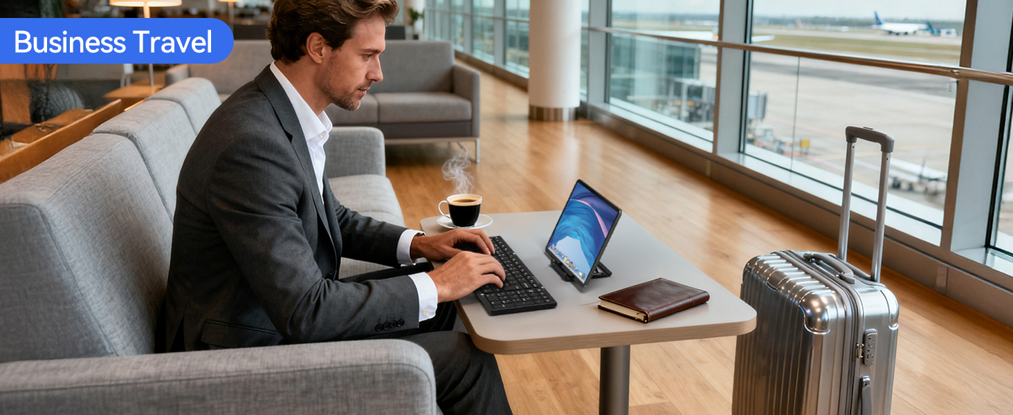 Text reads "Business Travel". Professional man in dark suit working on laptop at airport lounge table with luggage nearby, large floor-to-ceiling windows with city view in background.