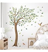 Tanlaby Large Tree Wall Stickers Green Leaves Birds Wall Decals Peel and Stick Falling Leaf Art D...