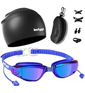 LEEIGGT Swim Goggles+Swim Cap, No Leak Anti-Fog & UV,Swimming Goggles Full Protection Adult Men W...
