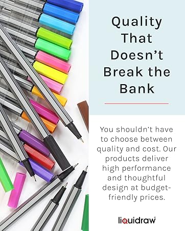 Array of colorful marker pens with metal barrels and plastic caps, arranged diagonally. Text emphasizes quality and affordability of Liquidraw products.