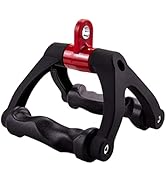 Black and red fitness equipment handle. U-shaped design with textured grip, red pivot point, and attachment loop at top.