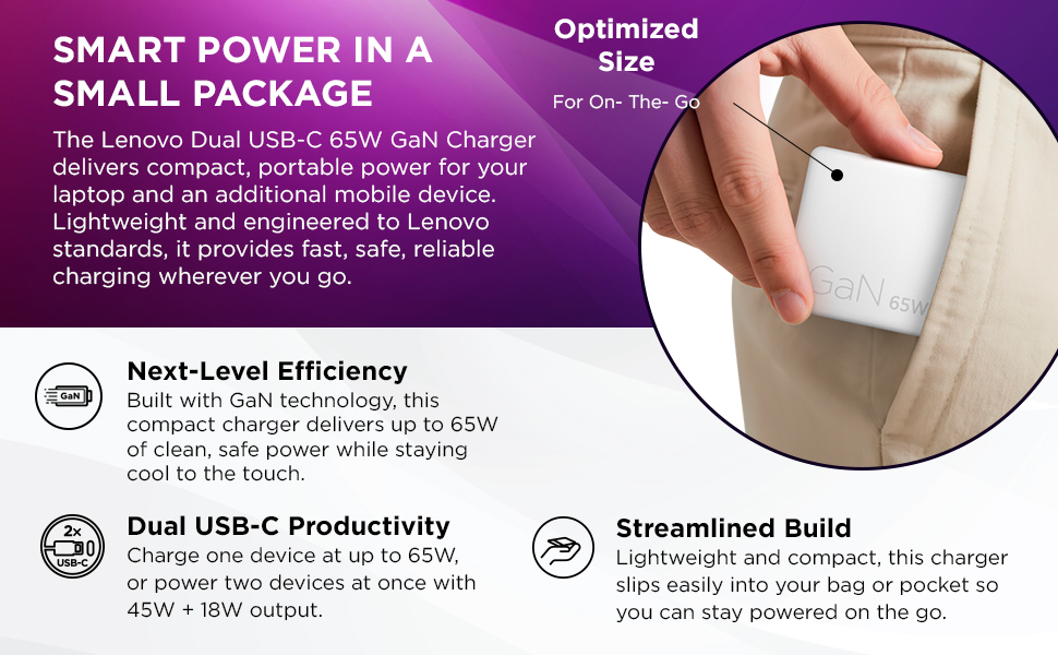 Lenovo Dual USB-C 65W GaN Charger, 2 USB-C Ports