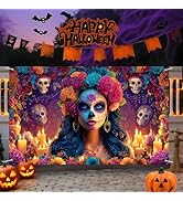 71x43 Inch Halloween Banner Outdoor Decoration – Day of the Dead Backdrop with Sugar Skulls, Cand...