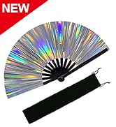 EOSAU Large Holographic Rave Fan Folding Hand Fans for Line Dancing Portable Handheld Clack Fan f...