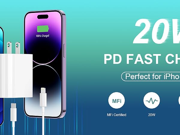 20W USB C iPhone charger fast charging block for iPhone 14 13 12 11 pro max 10ft lighting cable