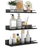 Giftgarden 16 Inch Black Floating Shelves with Black Metal Guardrail, Wood Shelves for Wall Stora...