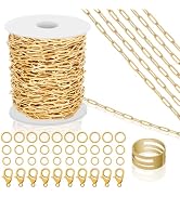 43ft Gold Chain for Jewelry Making 18k Gold Plated Stainless Steel Paperclip Chain Roll with 10Pc...