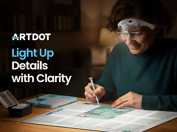 Text reads 'ARTDOT', 'Light Up with Clarity', 'Details'. Series of photos showing hands working on illuminated surface in dim lighting conditions.