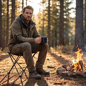 Man using the folding camping stool by a campfire in a sunlit forest.