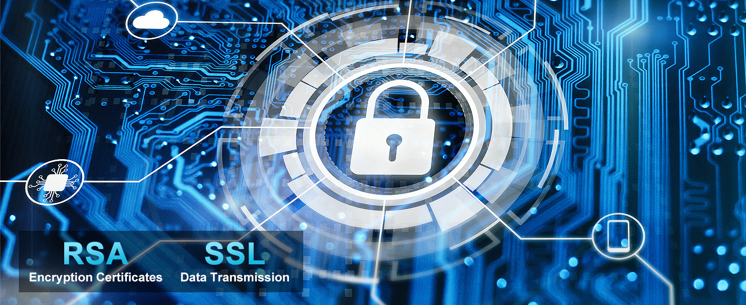 Digital security interface visualization with cloud computing and lock icons against blue circuit board background, featuring cybersecurity symbols and data protection graphics.