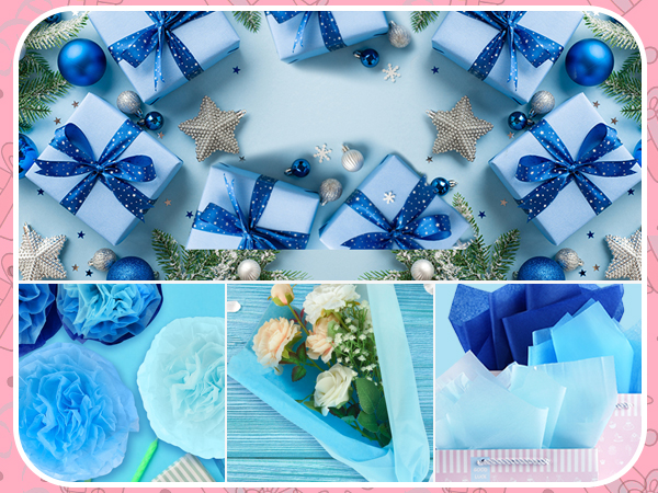 Collage of blue-themed holiday decorations including wrapped gifts, ornaments, and table settings arranged on light blue background.