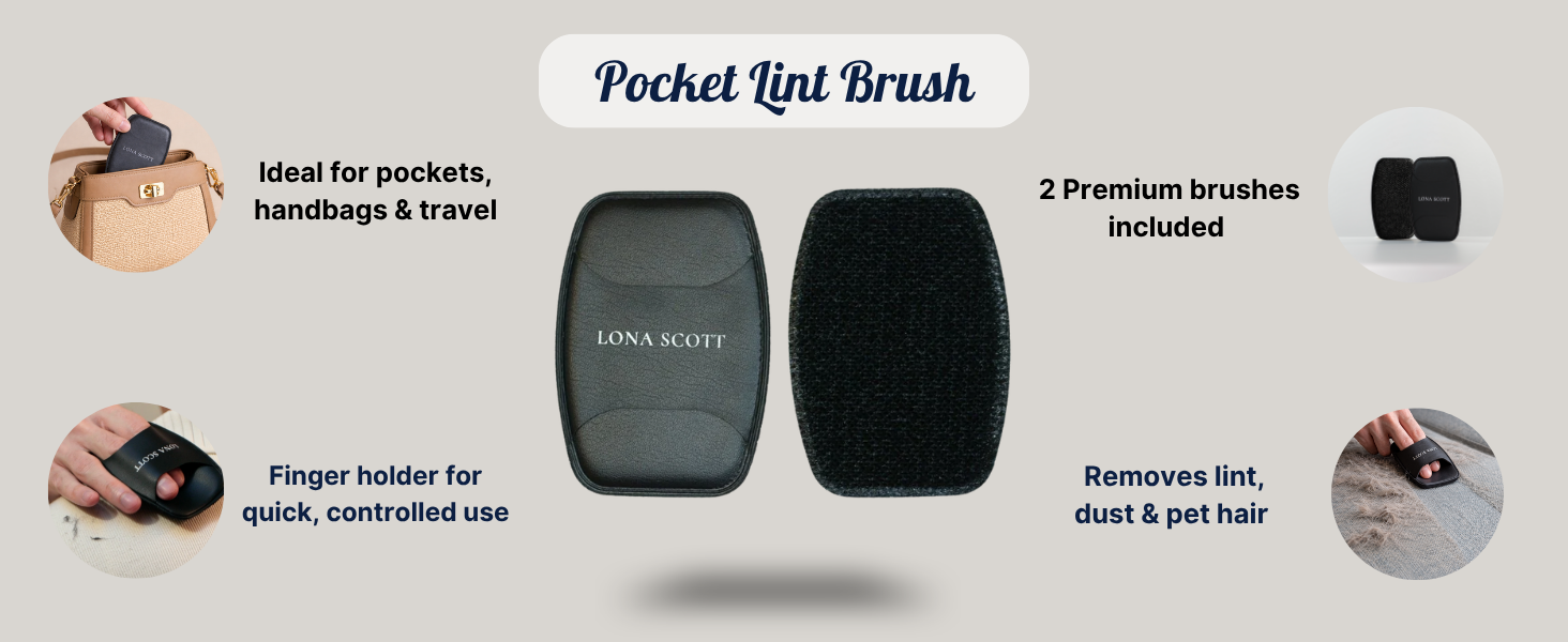 Text reads 'Pocket Lint Brush', 'Ideal for pockets, baggage & travel', 'Finger holder for quick, controlled use', '2 Premium brushes included', 'Removes lint, dust & pet hair'. Two black lint brush heads with finger holder and product details displayed.