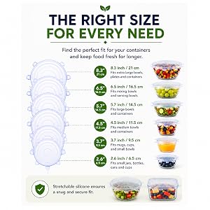 ABABIL silicone stretch lids showing six practical sizes for everyday food storage.