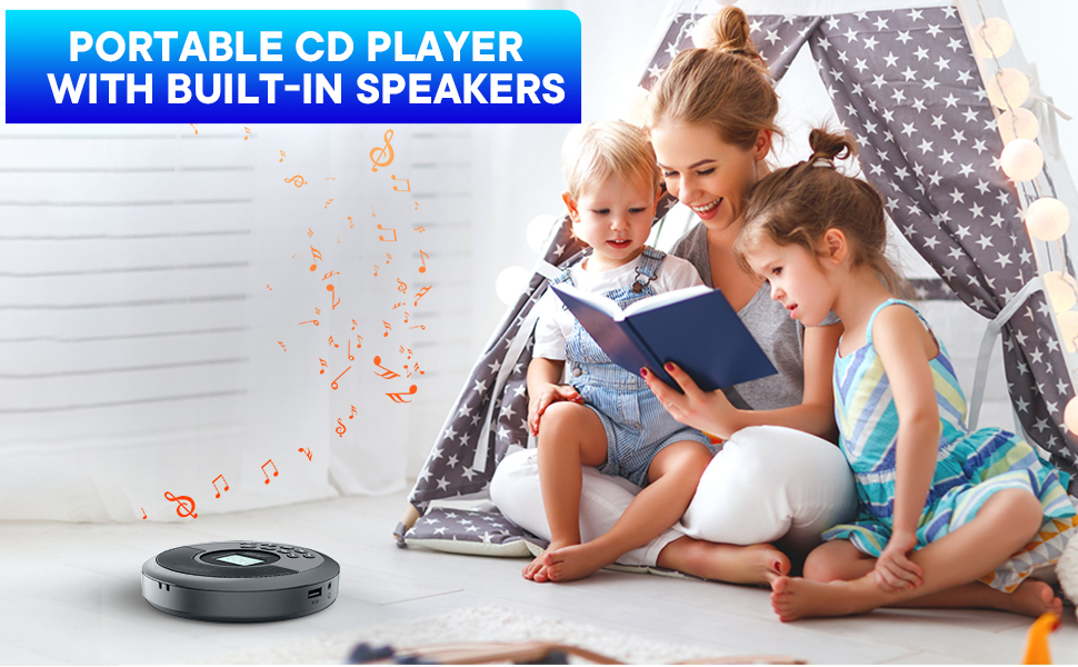 Text reads 'PORTABLE CD PLAYER WITH BUILT-IN SPEAKERS'. Lifestyle photo showing people sitting on floor with black portable CD player visible, orange musical notes graphic overlay.
