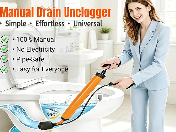 High-pressure manual drain unclogger, no electricity, no harsh chemicals
