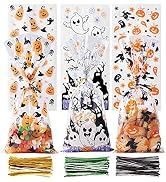 CCINEE Halloween Cellophane Treat Bags, 150pcs Halloween Plastic Clear Candy Bags with 300pcs Twi...