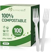 SUYANGECO Compostable Disposable Forks 100 Count Compostable Forks Bulk No Plastic Forks Heavy Du...