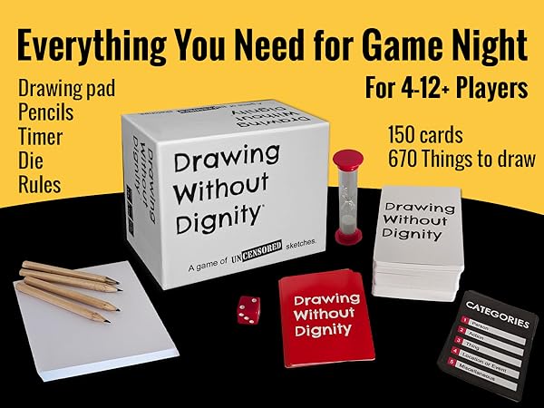 Game showing cards, pencils, drawing pad, timer, and red dice