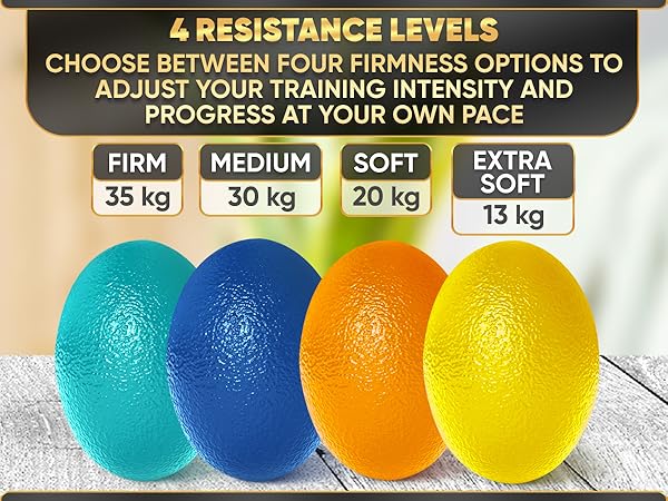 Four resistance levels of hand therapy balls for progressive strength training.