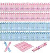100Pack Pre Rolled Gender Reveal Cutlery Set with Napkins, Pink & Blue Disposable Plastic Silverw...