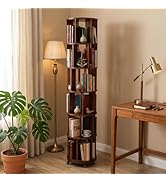 6-Tier Rotating Bookshelf Tower on Wheels, Solid Rubber Wood Spinning, Round Revolving Bookcase w...