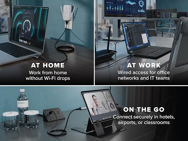 USB-C to Ethernet adapter plugged into a laptop for fast wired internet at home, work, or on the go