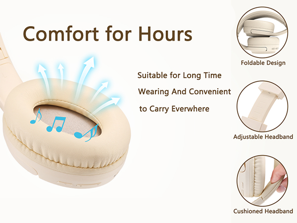 Comfortable Headphones Wireless Bluetooth for Adults, Beige Headset for Travel