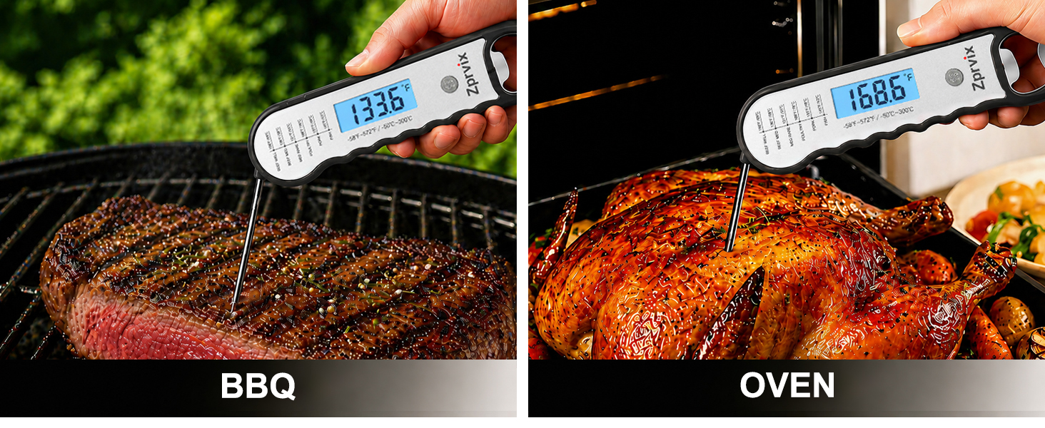 Instant read thermometer for BBQ grill and oven cooking with accurate meat temperature readings